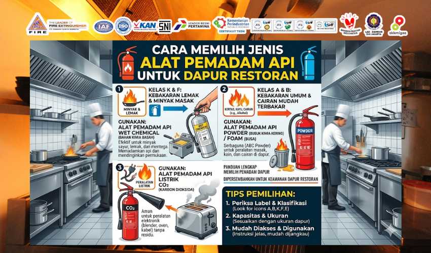 Rekomendasi Jenis Alat Pemadam Api untuk Dapur Restoran yang Tepat agar Kebakaran Cepat Teratasi, Jenis APAR dapur restoran terbaik, Alat pemadam api kelas F lemak minyak, Jual APAR foam liquid Kediri, Harga alat pemadam api dapur komersial, Supplier alat pemadam kebakaran K3 resto, Pemadam api busa cair non-konduktif, Distributor APAR stainless steel mewah, Isi ulang pemadam api dapur berkualitas, Proteksi kebakaran hotel dan kafe, Layanan refill APAR foam standar Damkar.