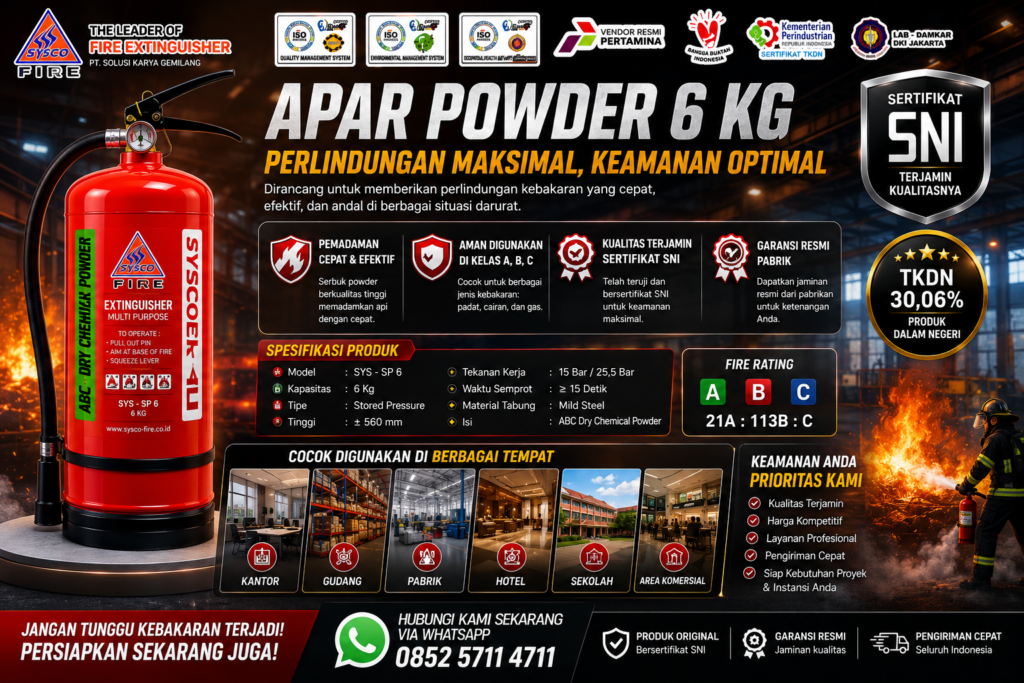 Alat Pemadam Api Powder 6 Kg Dry Chemical Powder untuk kantor, gudang, dan pabrik