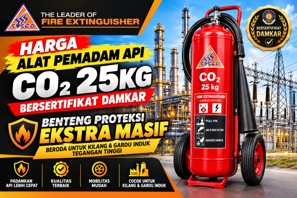 Harga Alat Pemadam Api CO2 25kg Bersertifikat Damkar: Benteng Proteksi Ekstra Masif Beroda untuk Kilang & Gardu Induk Tegangan Tinggi