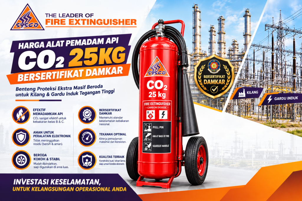 Harga Alat Pemadam Api CO2 25kg Bersertifikat Damkar: Benteng Proteksi Ekstra Masif Beroda untuk Kilang & Gardu Induk Tegangan Tinggi
