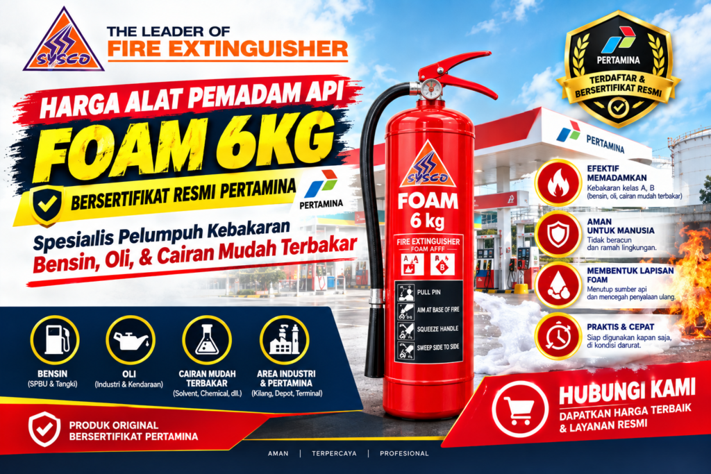 Harga Alat Pemadam Api Foam 6kg Bersertifikat Resmi Pertamina: Spesialis Pelumpuh Kebakaran Bensin, Oli, & Cairan Mudah Terbakar