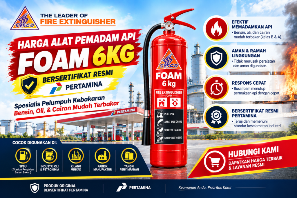 Harga Alat Pemadam Api Foam 6kg Bersertifikat Resmi Pertamina: Spesialis Pelumpuh Kebakaran Bensin, Oli, & Cairan Mudah Terbakar