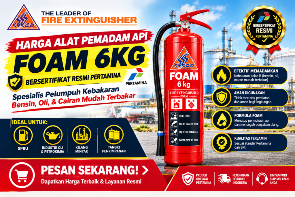 Harga Alat Pemadam Api Foam 6kg Bersertifikat Resmi Pertamina: Spesialis Pelumpuh Kebakaran Bensin, Oli, & Cairan Mudah Terbakar