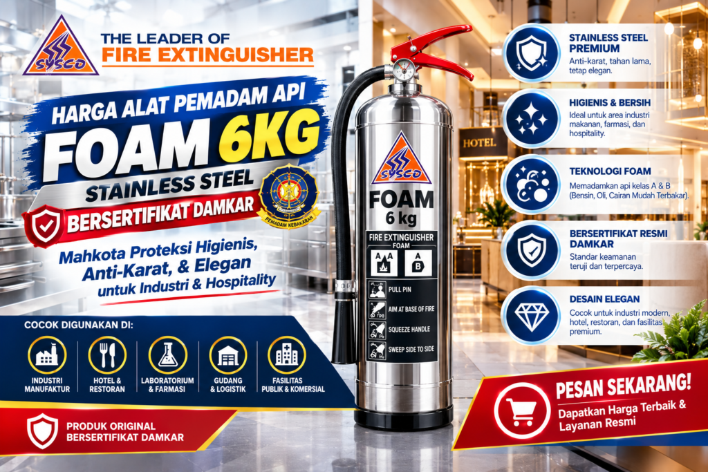 Harga Alat Pemadam Api Foam 6kg Stainless Steel Bersertifikat Damkar: Mahkota Proteksi Higienis, Anti-Karat, & Elegan untuk Industri & Hospitality