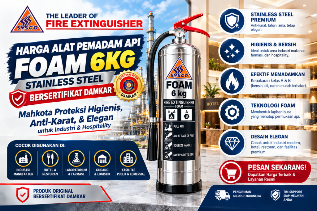 Harga Alat Pemadam Api Foam 6kg Stainless Steel Bersertifikat Damkar: Mahkota Proteksi Higienis, Anti-Karat, & Elegan untuk Industri & Hospitality