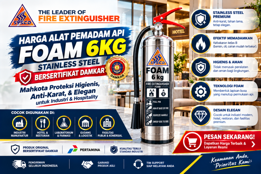 Harga Alat Pemadam Api Foam 6kg Stainless Steel Bersertifikat Damkar: Mahkota Proteksi Higienis, Anti-Karat, & Elegan untuk Industri & Hospitality