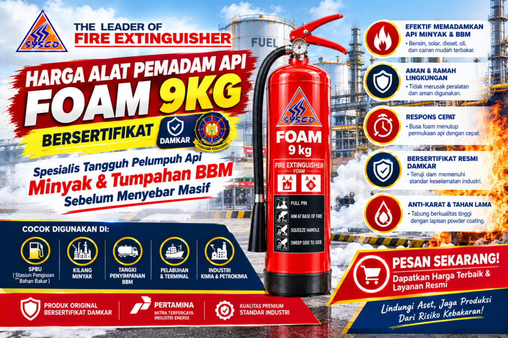 Harga Alat Pemadam Api Foam 9kg Bersertifikat: Spesialis Tangguh Pelumpuh Api Minyak & Tumpahan BBM Sebelum Menyebar Masif