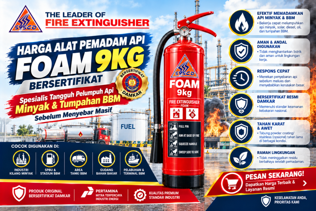 Harga Alat Pemadam Api Foam 9kg Bersertifikat: Spesialis Tangguh Pelumpuh Api Minyak & Tumpahan BBM Sebelum Menyebar Masif