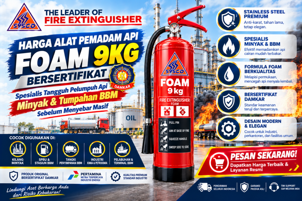 promosi Harga Alat Pemadam Api Foam 9kg Bersertifikat: Spesialis Tangguh Pelumpuh Api Minyak & Tumpahan BBM Sebelum Menyebar Masif