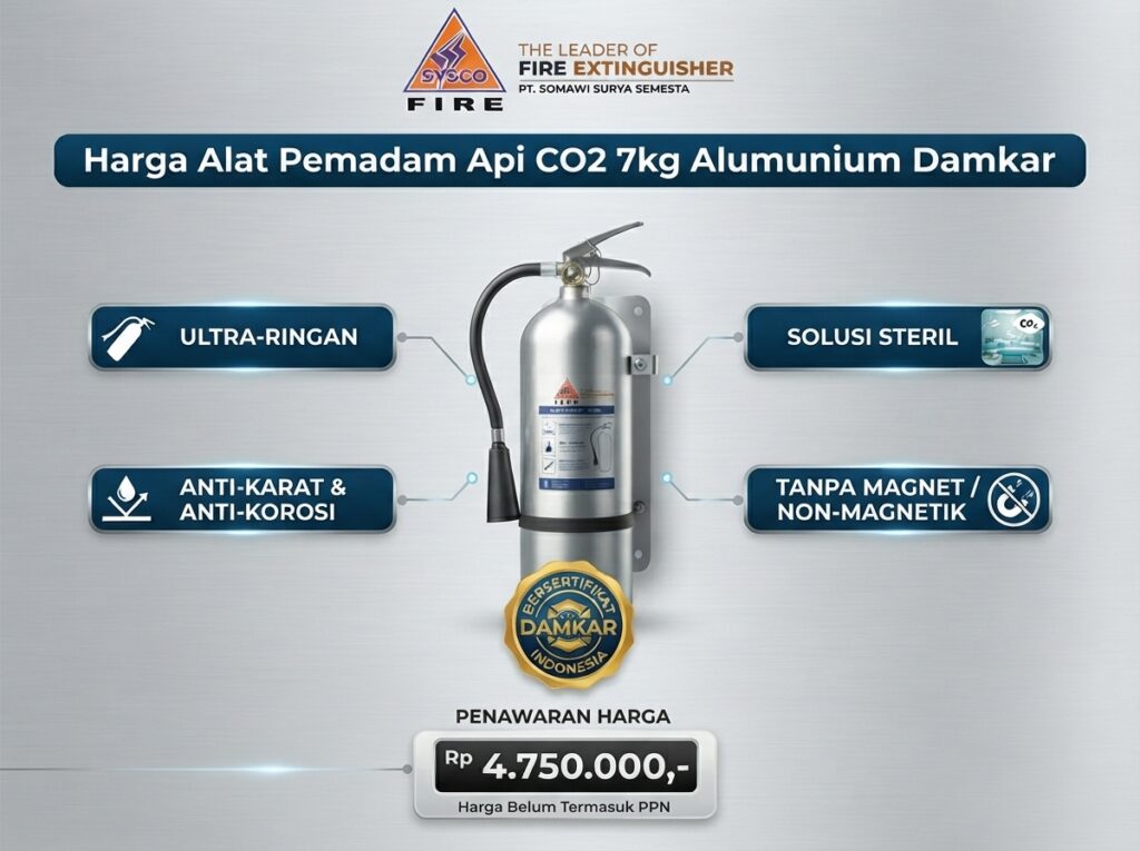 Harga Alat Pemadam Api CO2 7kg Alumunium Bersertifikat Damkar: Monster Proteksi Ultra-Ringan, Anti-Karat, & Solusi Steril Tanpa Magnet